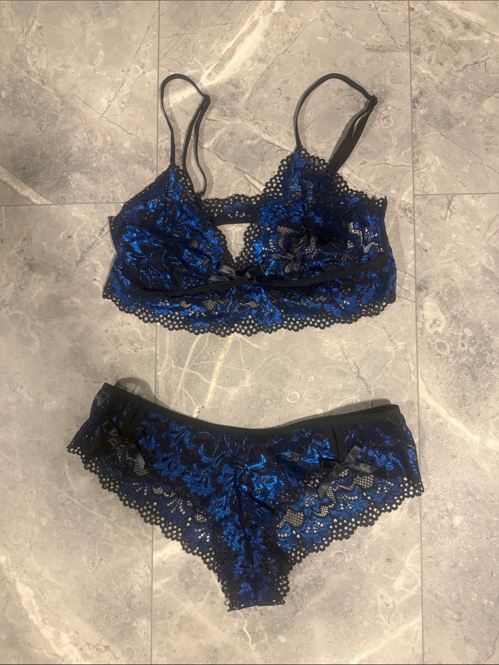 SHEIN Blue and Black Lace Bralette & Bikini Set
